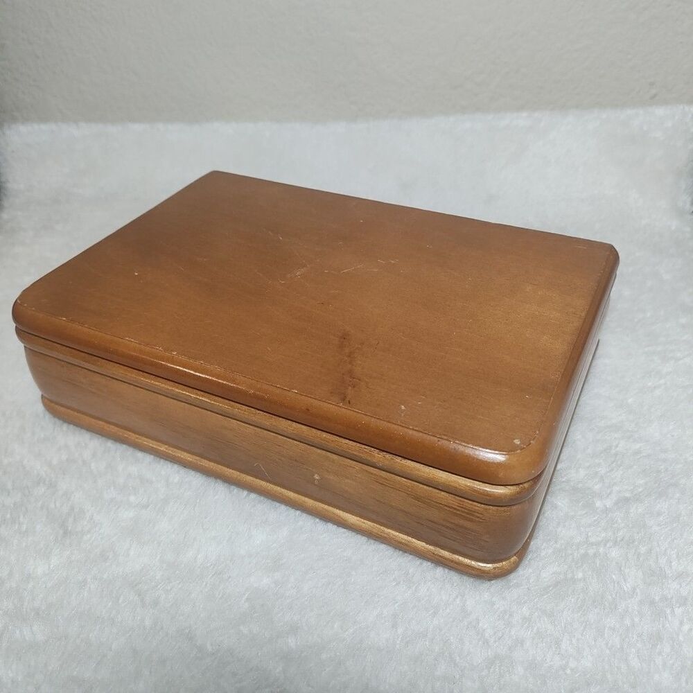 JEWELRY BOX Light Wood Green Velvet Lined 9"x6.5" Vintage Wood
